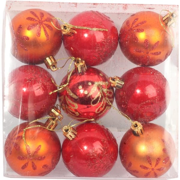 SET MED 9 PLASTBOLLAR RÖDA OCH ORANGE 6 CM