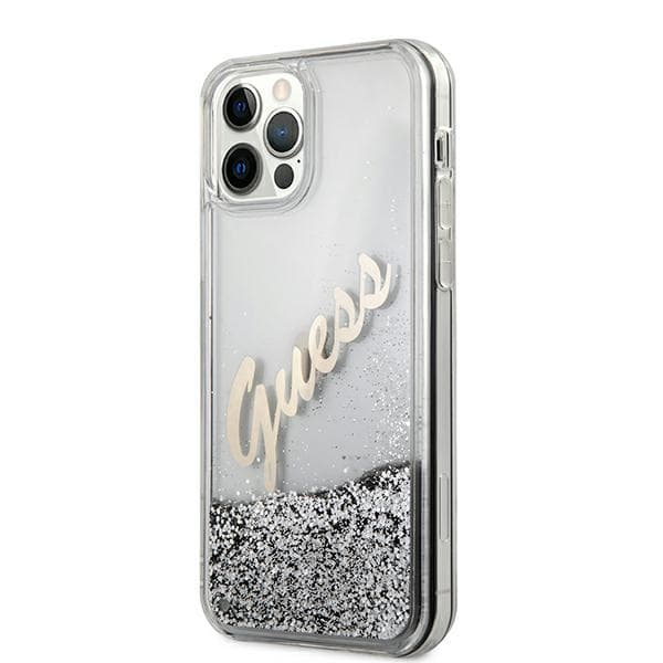 Guess Glitter Vintage Script-skal till iPhone 12 Pro Max, silver/silver