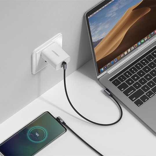 Kulmakaapeli, jossa sivussa USB-C - USB-C -pikalatausliitin 1m - harmaa