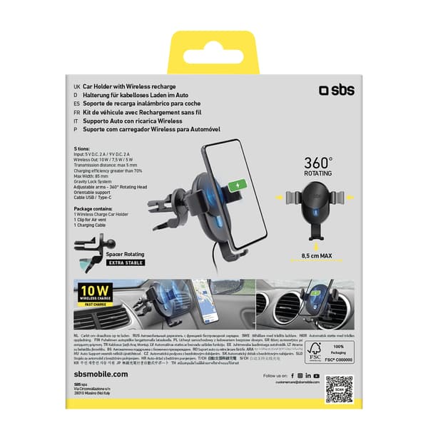 Smartphone bilholder med 10W induktiv oplader - sort