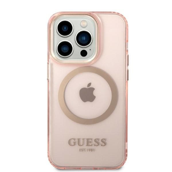 Guess Gold Outline Translucent MagSafe-etui til iPhone 14 Pro, lyserød