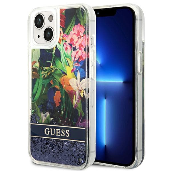 Guess Flower Liquid Glitter cover til iPhone 14 Plus, blå