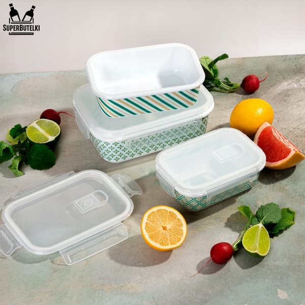 Set med 3 rektangulära glasbehållare (kapacitet 400, 650, 1000 ml) gröna