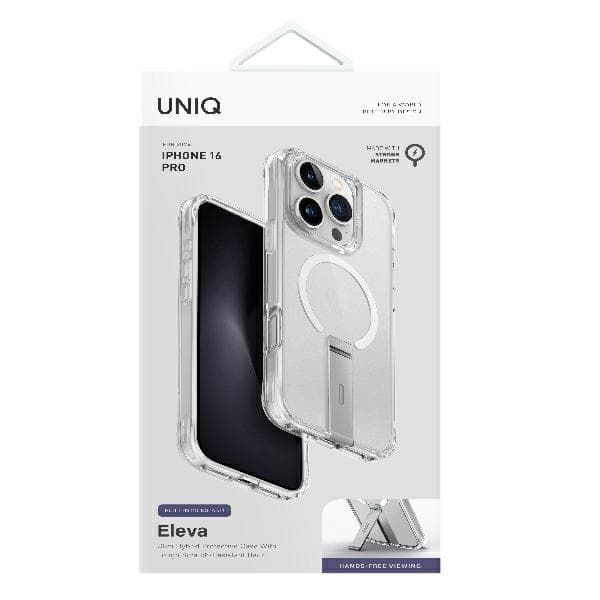 UNIQ Eleva -kotelo Vertica-telineellä, iPhone 16 Pro 6.3" läpinäkyvä/kirkas