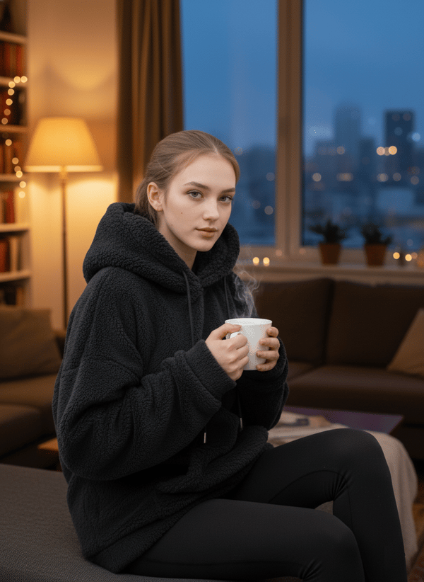 Dame Oversize Sort Teddy Simple Crown Sherpa Hættetrøje S