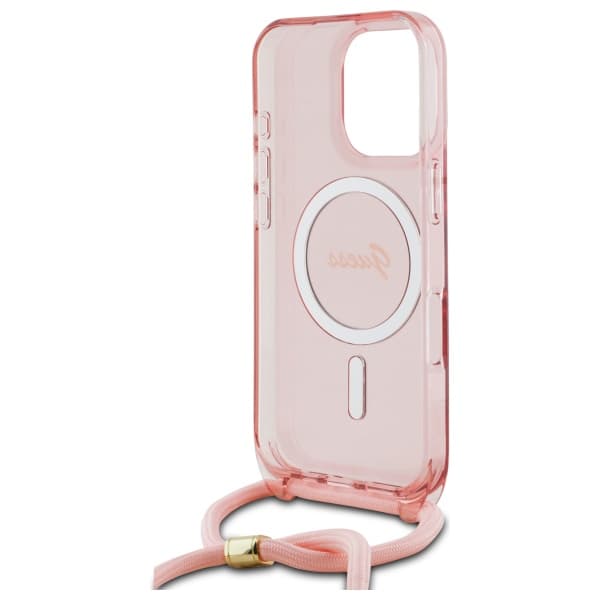 Guess Crossbody Cord Script MagSafe-etui til iPhone 16 Pro, lyserød