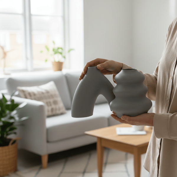 Et moderne sæt med 2 dekorative grå vaser med et minimalistisk design.