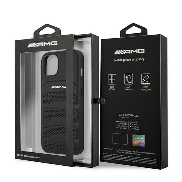 AMG AMHCP14MGSEBK iPhone 14 Plus / 15 Plus 6,7" sort/sort hårdt cover i læder med prægede linjer