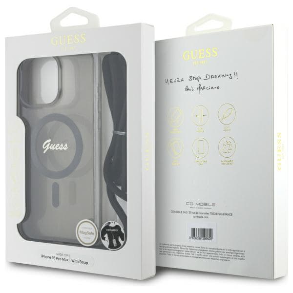 Guess Crossbody Cord Script MagSafe -kotelo iPhone 16 Pro Maxille, musta