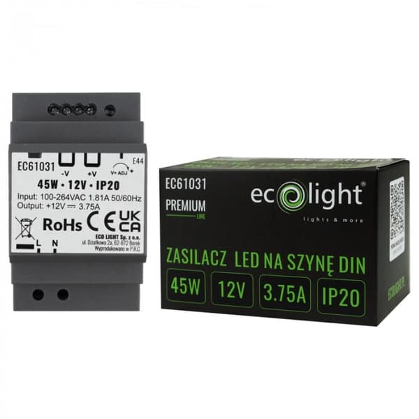 Strømforsyning til intercom LED-strimler 12V 45W 3,75A til DIN-skinne PREMIUM Ecolight