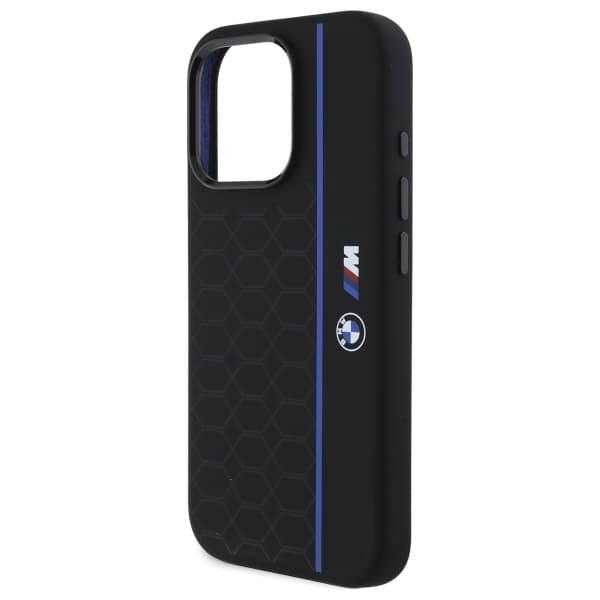 BMW Silikone Hexagon Blue Line MagSafe-etui til iPhone 16 Pro, Sort