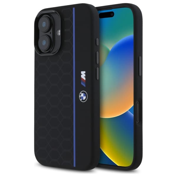 BMW Silikone Hexagon Blue Line MagSafe-etui til iPhone 16, Sort