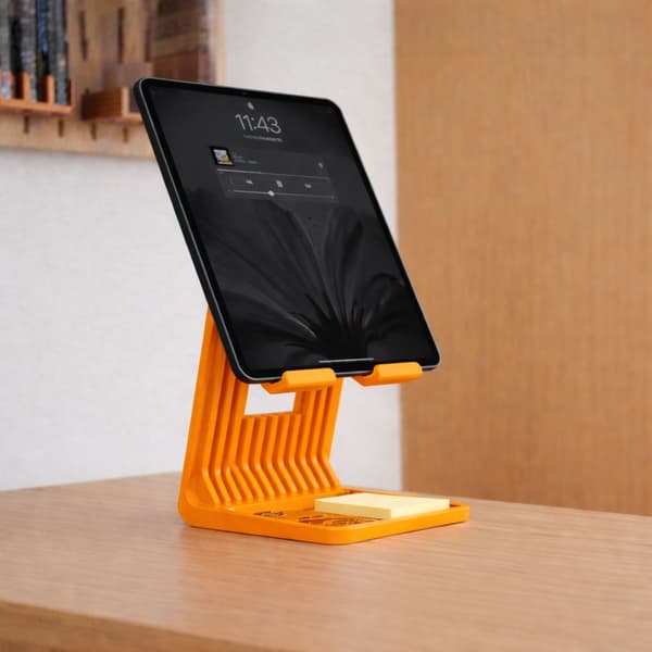 iPad-tabletin teline, oranssi, pöytäteline johtopistorasialla