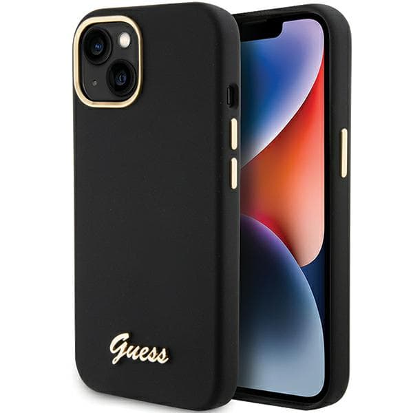 Guess Silikone Metal Logo & Ramme Etui til iPhone 15, Sort