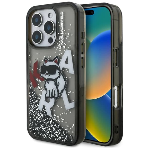 Karl Lagerfeld Liquid Glitter Choupette Logo-cover til iPhone 16 Pro, sort