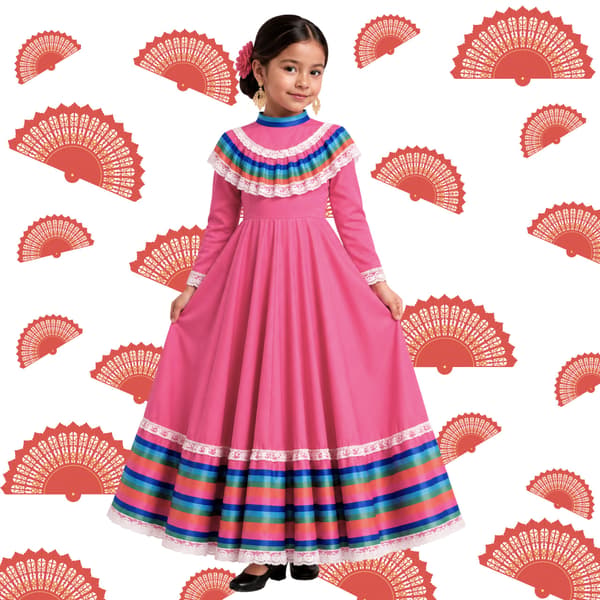 Mexicansk kvindekostume til dans i rosa 134-140 cm