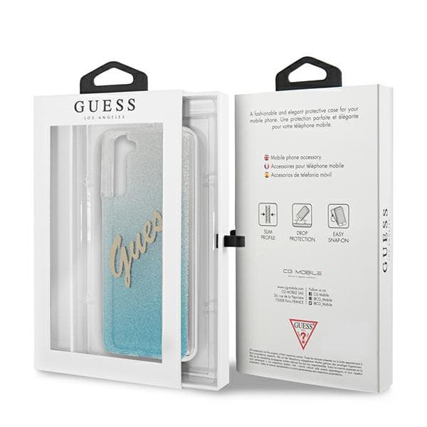 Guess Glitter Gradient Script -suojakuori Galaxy S21+:lle, sininen