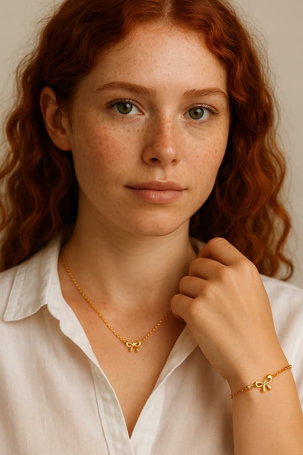 Damesæt Guld Halskæde Armbånd Sløjfer Elegant Gave