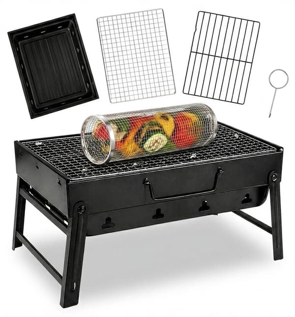 Hopfällbart turistgrillset 35x27 cm + grönsaksgrillkorg