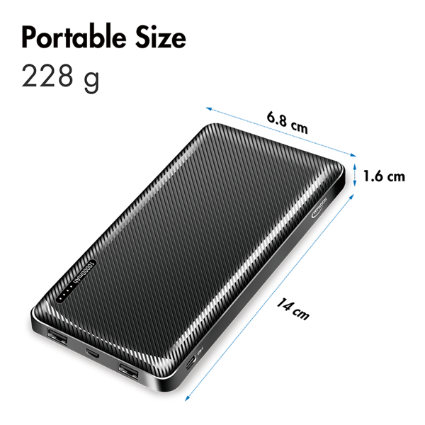 Powerbank 10.000 mAh, 2x USB-A, USB-C, micro-USB, sort - Typhoon