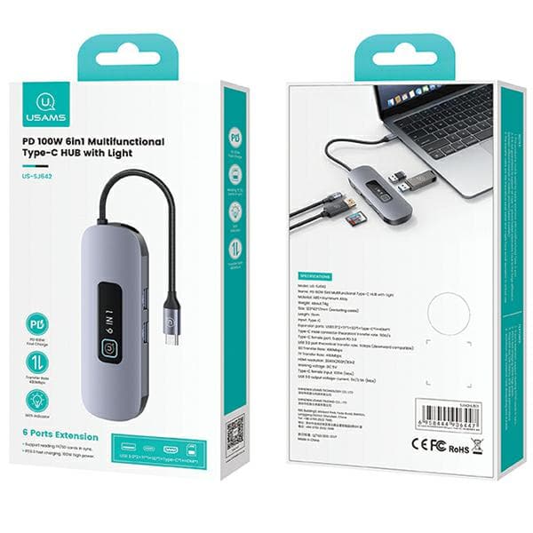 USAMS HUB 6in1 Adapter 2xUSB 3.0/TF/SD/USB-C/HDMI PD100W Grå