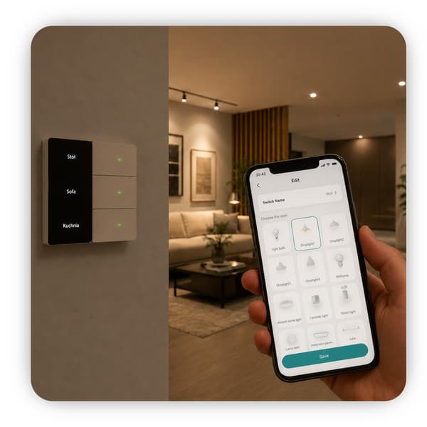 Valkoinen Zigbee Tuya kolmiosainen seinäkytkin näytöllä