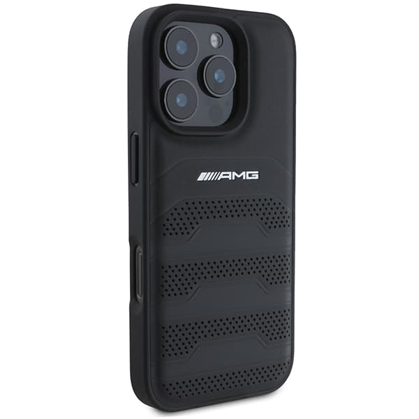 AMG lædercover med prægede linjer og sort logo til iPhone 16 Pro Max, sort