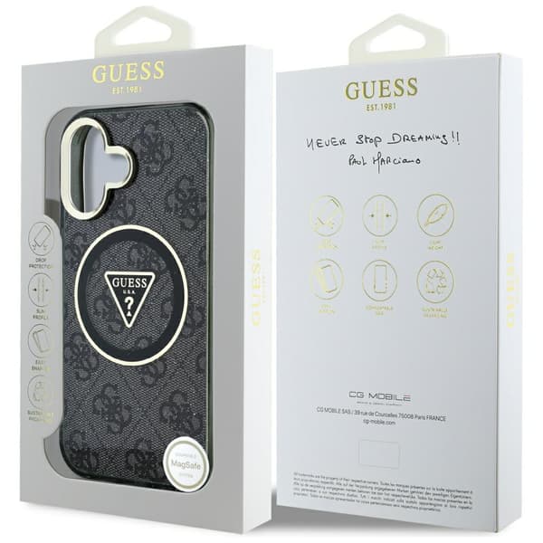 Guess IML Metal Glitter 4G Circle Triangle MagSafe-etui til iPhone 16, sort