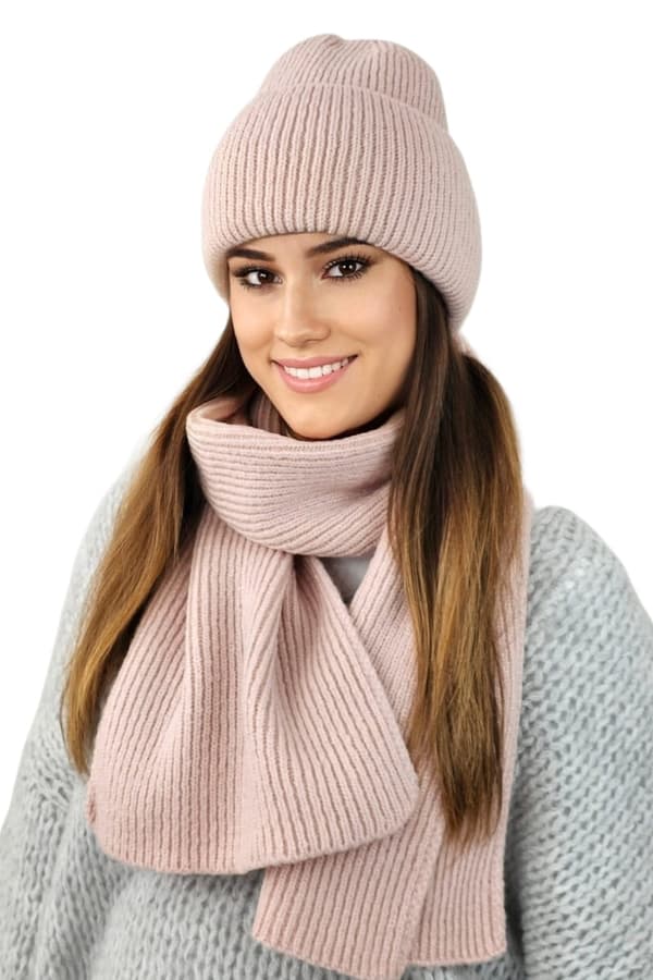 ALMA-set: mössa med randig halsduk, rosa