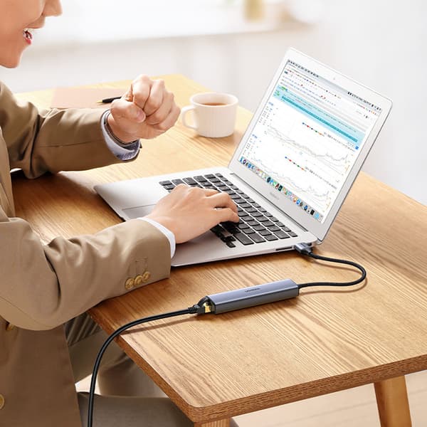 Multifunktionell HUB-adapter splitter USB 3.0 - 3x USB Ethernet RJ-45 USB-C PD grå