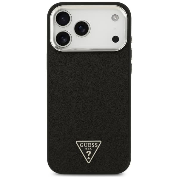 Guess Glitter Triangle Logo MagSafe -kotelo iPhone 17 Pro Maxille, musta