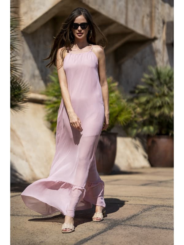 Oversized chiffon maxikjole, pudderrosa S/M