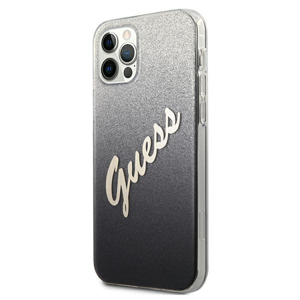 Guess Glitter Gradient Script -suojakuori iPhone 12/12 Prolle, musta