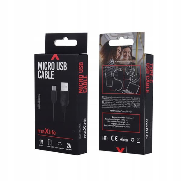 MAXLIFE USB - USB-C -KAAPELI 1,0 m 2A MUSTA