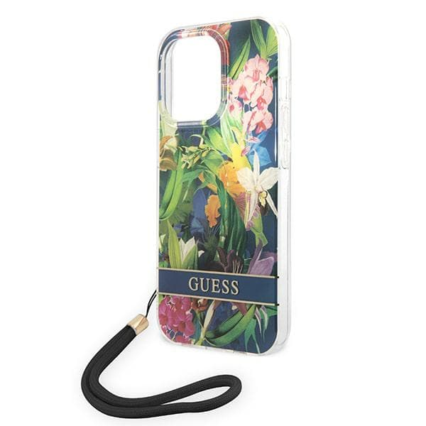 Guess Blommigt Remfodral till iPhone 14 Pro Max, Blå