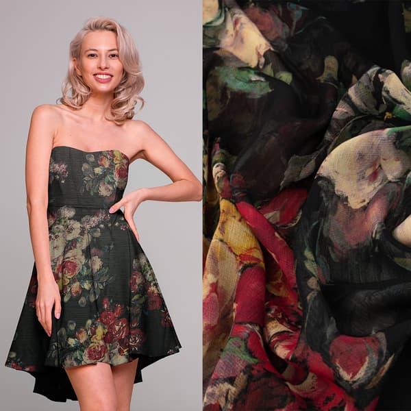 Chiffonstof med blomster, sort farve