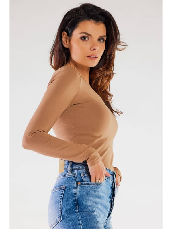 Basis bomuldsbluse med V-hals, beige M