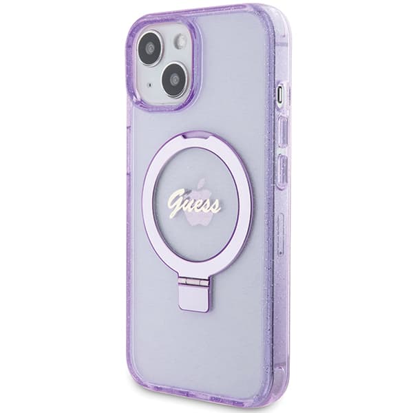 Guess Ring Stand Script Glitter MagSafe-skal till iPhone 15 Plus, lila/lila