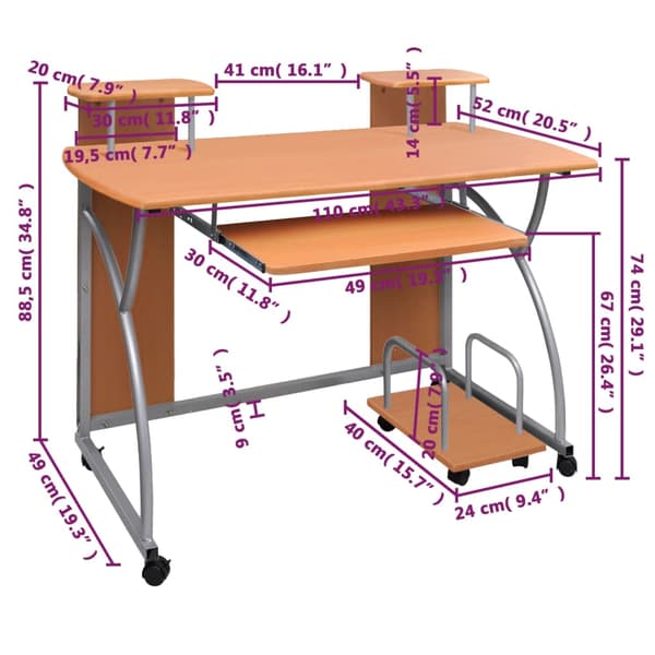 vidaXL computerbord, brunt, 110x52x88,5 cm