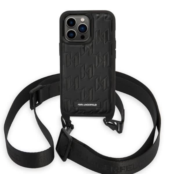 Karl Lagerfeld Monogrammi Plaque Logo Strap -kotelo iPhone 14 Prolle, musta