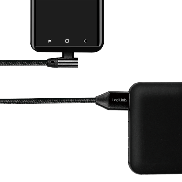 USB-C 90° - USB-A -kaapeli, kangas, 1 m, musta,