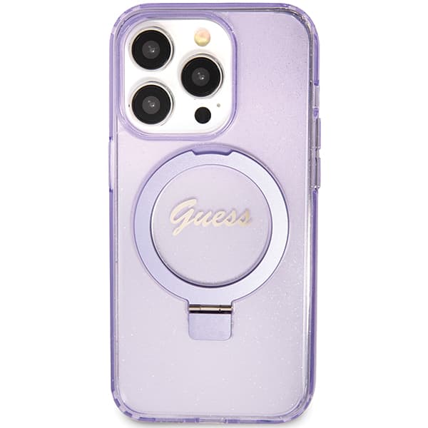 Guess Ring Stand Script Glitter MagSafe -kotelo iPhone 15 Prolle, violetti/violetti