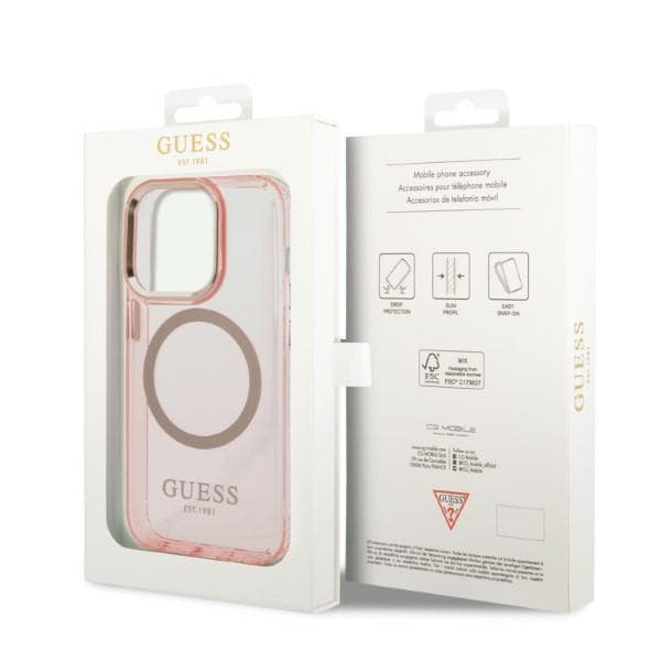 Guess Gold Outline Translucent MagSafe-etui til iPhone 14 Pro, lyserød
