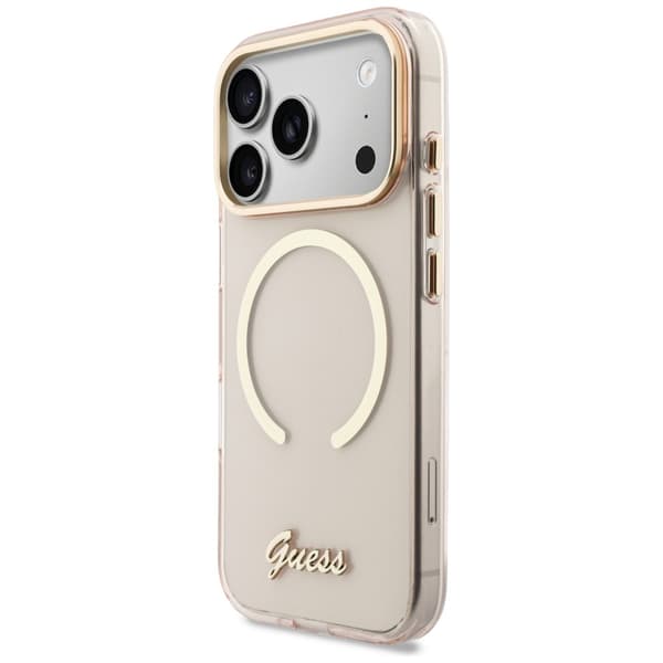 Guess IML Script Metal MagSafe-etui til iPhone 17 Pro i lyserødt