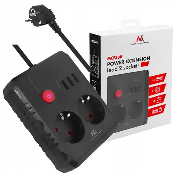 MCE388 B strømskinne. Forlængerledning 2 stikkontakter 3xUSB 3m