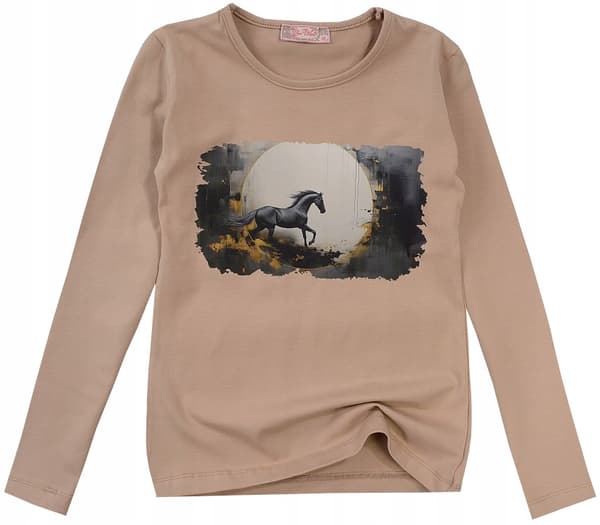 Pigebluse bomuld langærmet hest lattebeige 128