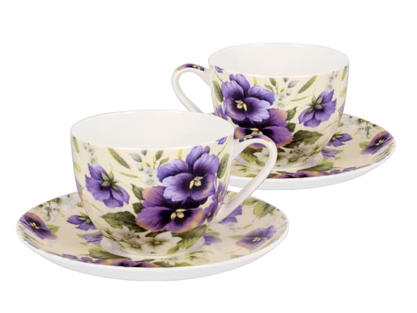 Sæt med 2 kopper og underkopper - Stedmoderblomster (CARMANI)