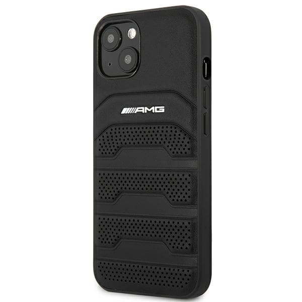 AMG lædercover med prægede linjer og sort logo til iPhone 14 Plus, sort