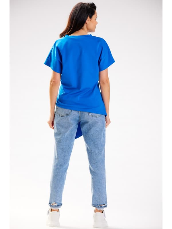 Asymmetrisk kortärmad bomullsblus, blå L/XL