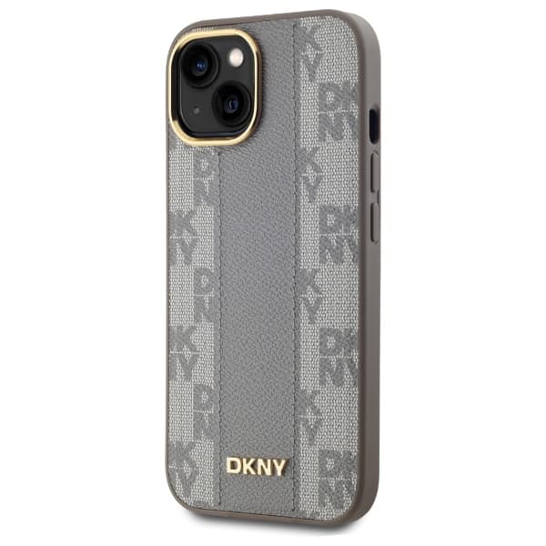 DKNY MagSafe-cover med ternet monogrammønster til iPhone 15 Plus, beige